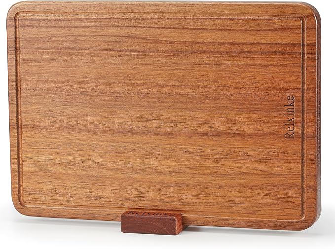 Solid Teak Wood Cutting Board One Piece Non Glued Thick Crack Resistant Wooden Chopping Board with DeepJuice Grooves Built in Handles for Kitchen Meat Vegetables Chese 13 X 8.7 Inch