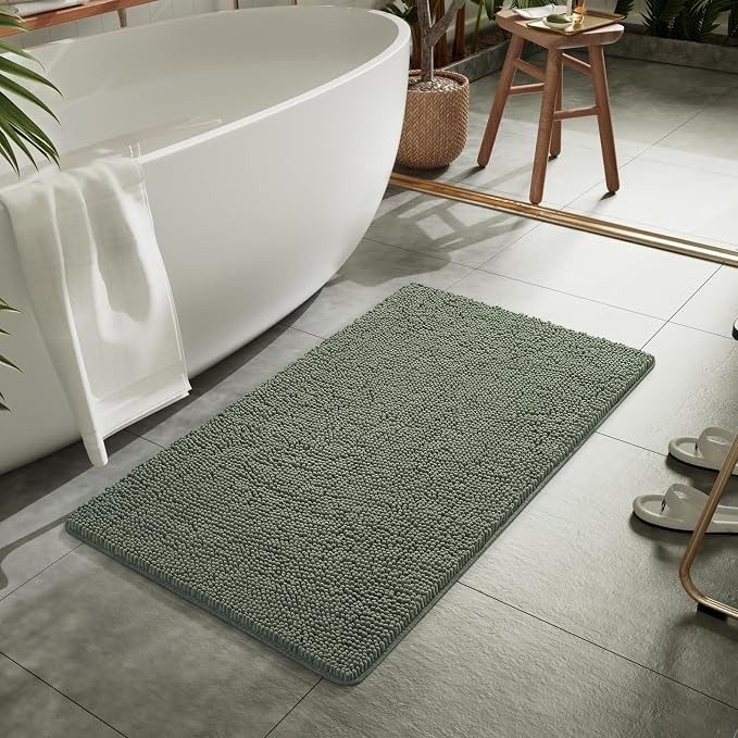 LOCHAS Luxury Bathroom Rug Shaggy Bath Mat 24 x 40 Inch, Sage Green | Washable Non Slip Bath Rugs for Bathroom Shower, Soft Plush Chenille Absorbent Carpets
