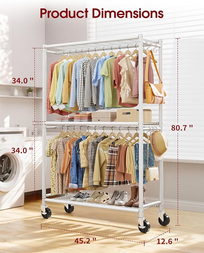 Sakugi Clothes Rack - Double Hanging Rod Clothing Rack with Wheels & Leveling Feet, Large Capacity Wardrobe Closet with Shelves for Bedroom, Laundry Room, Entryway, 45.2" x 12.6" x 80.7", White