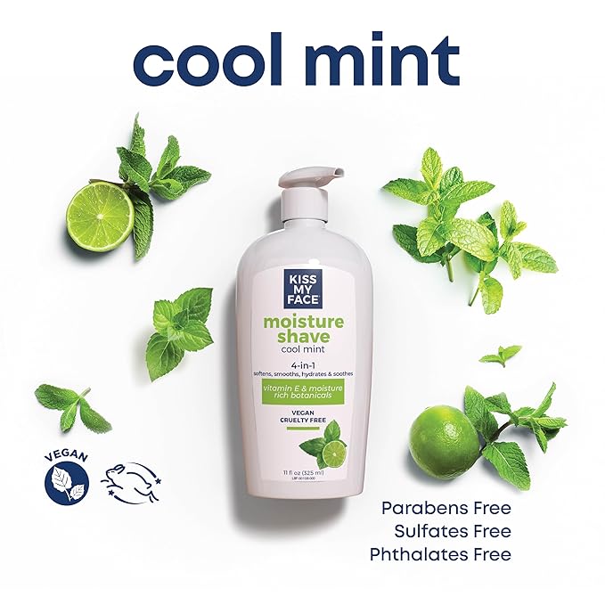 Kiss My Face Moisture Shave Cream, Cool Mint Shaving Cream For Men And Women, 11 Oz Pump Bottle, Cool Mint, 4 Pack