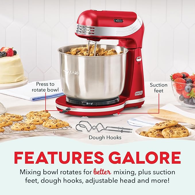 Dash Everyday Stand Mixer - Compact Tilt-Head Stand Mixer for Everyday Recipes - 6-Speed Power with Stainless Steel Bowl - Red, 3-Quart
