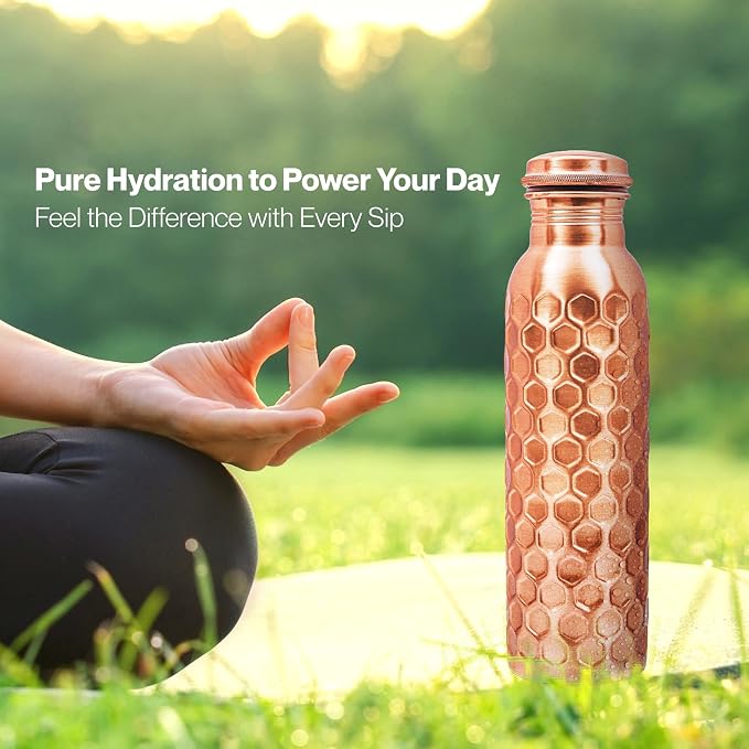 Copper Water Bottle 32 Oz Extra Large, Real Copper Drinking Bottle, Honeycomb Ayurvedic Bottle for Drinking Water, Leak Proof Vessel with Cleaning Brush, Home Office Use