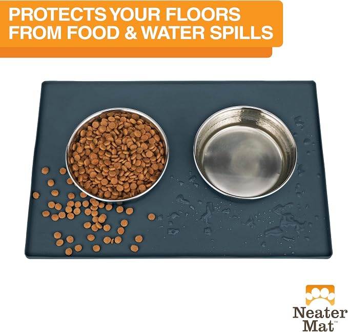 Neater Pet Brands Neater Mat Pet Mats for Food and Water, Cat & Dog Bowl Mat Waterproof Silicone, Feeding Tray, Dog Food Mats for Floors, Placemat w/Raised Edge for Under Bowls, 24" x 16", Slate Blue