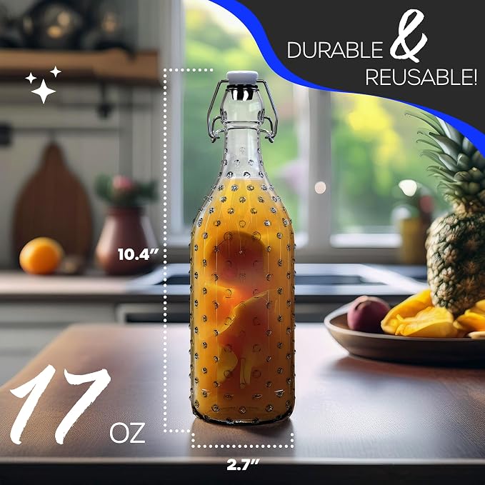 Nevlers 17 Oz Dotted Swing Top Glass Bottles with Airtight Lid 6 PK | Flip Top Glass Bottle with Stopper, Wrap, Funnel, Brush, Tags & Marker | Alcohol Bottle Set | Fermentation Bottles with Stoppers