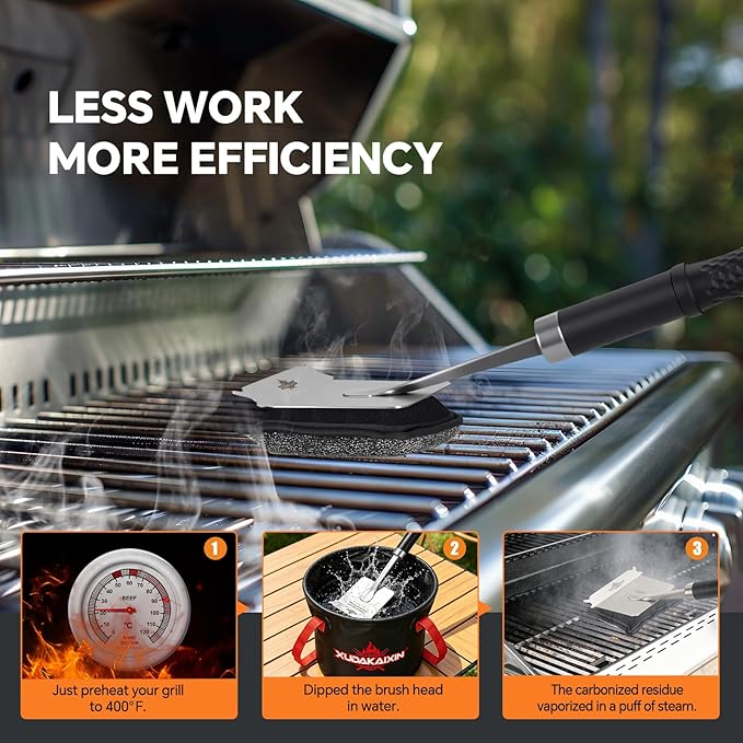 Bristle-Free Steam Grill Brush with 5 Replacement Pads – No Bristle Shedding. Unique Steel Fibers Pads Efficiently Deep Clean All Kinds of Grills. A Safe Outdoor Grill Cleaner.(Model-XD3000)