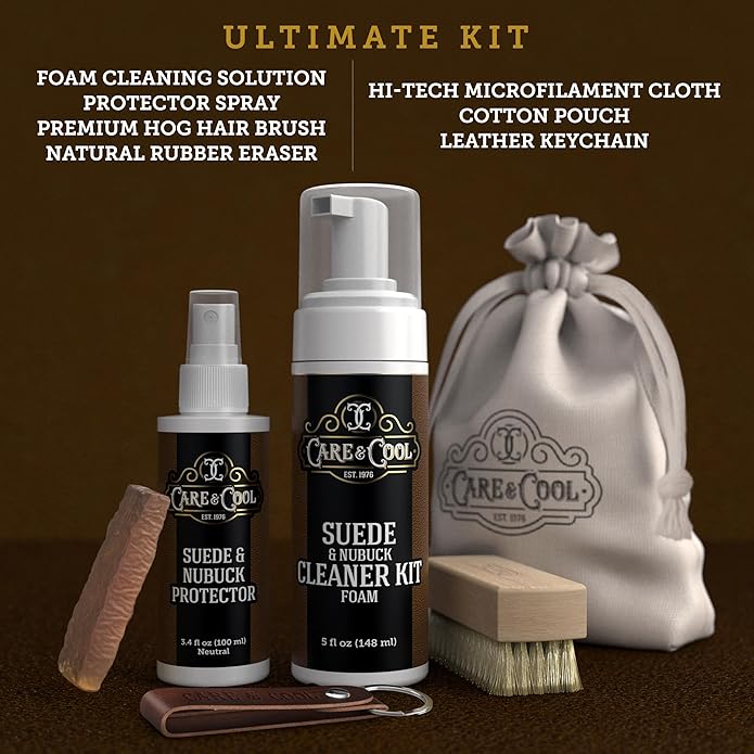 Care & Cool Ultimate Suede & Nubuck Care Kit: Helps Clean, Restore & Protect Against Water & Stains. The Complete 6-Piece System to Keep Your Favorite Shoes, Boots, Bags & Jackets Looking Fresh.