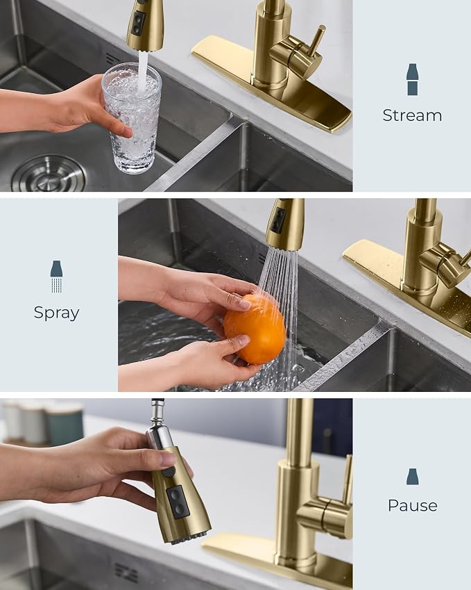 FORIOUS Gold Kitchen Faucet with Soap Dispenser and Pull Down Sprayer, Bar High Arc Single Handle Classic 3 Modes Stainless Steel Faucet for Kitchen Sink Farmhouse RV Laundry Camper