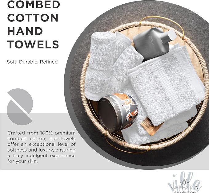 Villa Celestia Cotton Hand Towels Set of 4, 16 x 28, Oeko-TEX Certified, Quick Dry, White