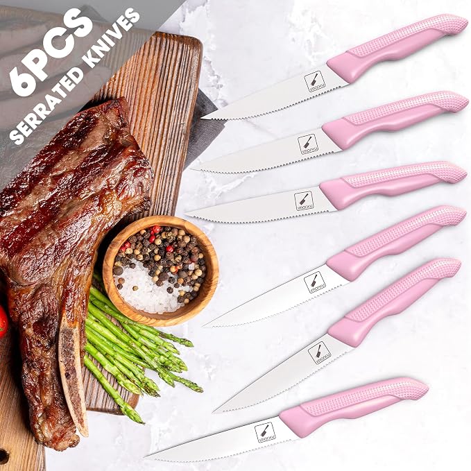 imarku 14-Piece Japanese High-Carbon Stainless Steel Kitchen Knife Set，Pink | Knife Set with Block|15°Precision Edge | 56±2 HRC Hardness | Built-in Sharpener|Ergonomic Handles|Gifts Mom & Dad