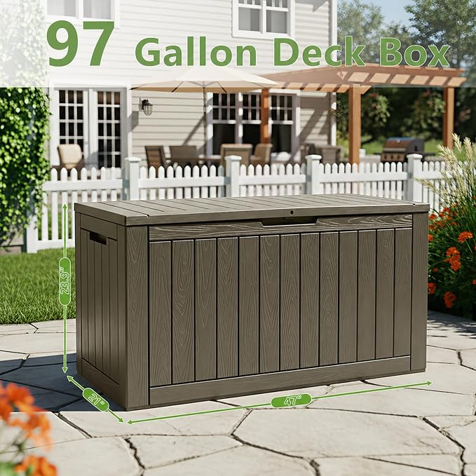 97 Gallon Waterproof Large Resin Deck Box, Lockable Large Outdoor Storage Box Indoor Outdoor Storage Container for Patio Cushions, Gardening Tools, Pool Supplies, Grey