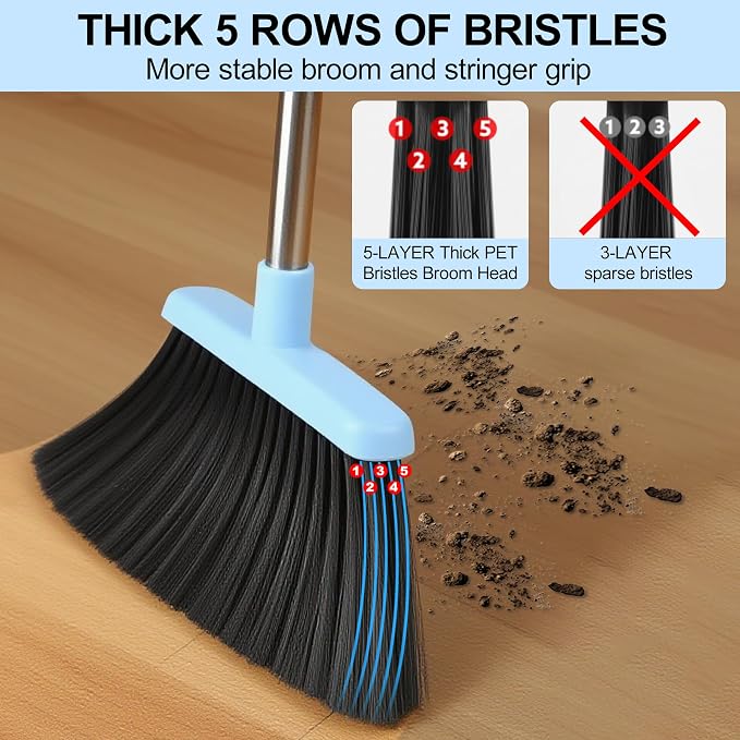 BSKLIN Broom and Dustpan Set for Home, 52" Long Handle Broom Set with Dustpan Teeth to Clean Hair Sweeping Indoor and Outdoor (Blue)