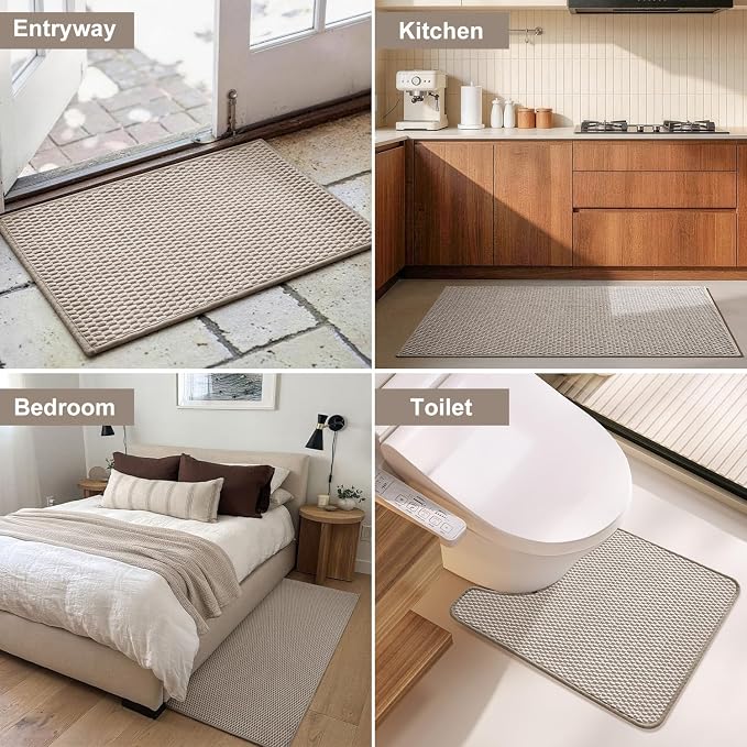 Triohero Bathroom Rugs Non Slip Washable, Super Absorbent Thin Bath Mat Small Quick Dry Low Pile Bathroom Rug, Beige 20"x30"