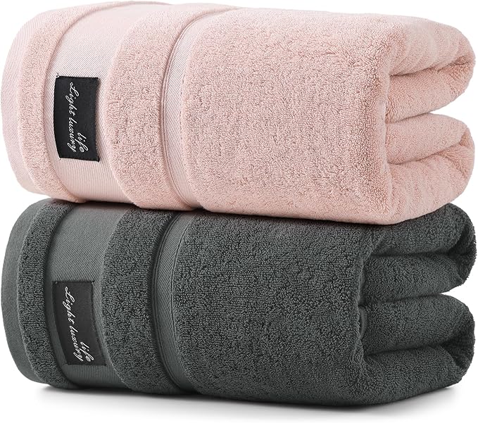 REDKISS 2 Pack Large Bath Towels Set, 100% Cotton, 31x63 in, Heavyweight 760G, Highly Absorbent & Quick Dry, Super Soft Luxury Towels for Bathroom,Hotel Collection - Pink Dark Gray