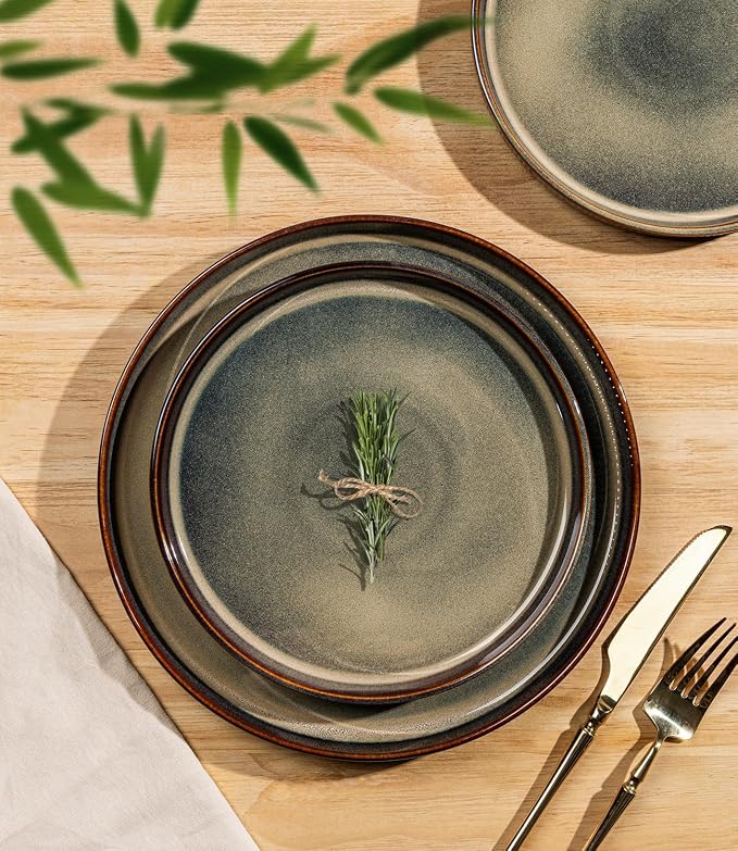 TheTerra Ceramic Dinnerware Sets for 8, 24 Pieces Porcelain Lightweight Plates and Bowls Sets, Scratch Resistant Dish Set, Oven & Microwave & Dishwasher Safe, Brown