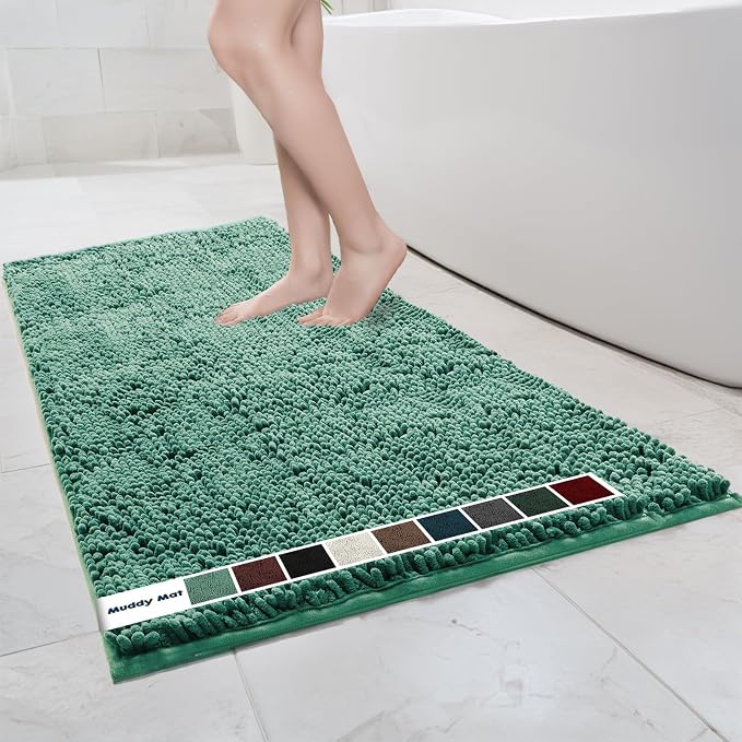 Muddy Mat® | Chenille Bathroom Rugs Quick Dry Microfiber Mats Non Slip Washable, Extra Thick, Soft and Highly Absorbent Bath Mats for Bathroom, Kitchen, and Shower Floor - Seafoam Green 35"x59"