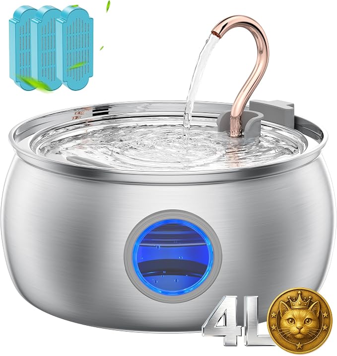 Tomxcute Stainless Steel Cat Water Fountain - 4.0L/135oz Copper Gooseneck - Ultra-Quiet Cat Fountains for Drinking - Dishwasher Safe - Indoor Pet Fountain for Cats, Terriers, Multiple Pets | Ultra Quiet Pump, Copper Gooseneck, Dishwasher Safe, Cat Foun...