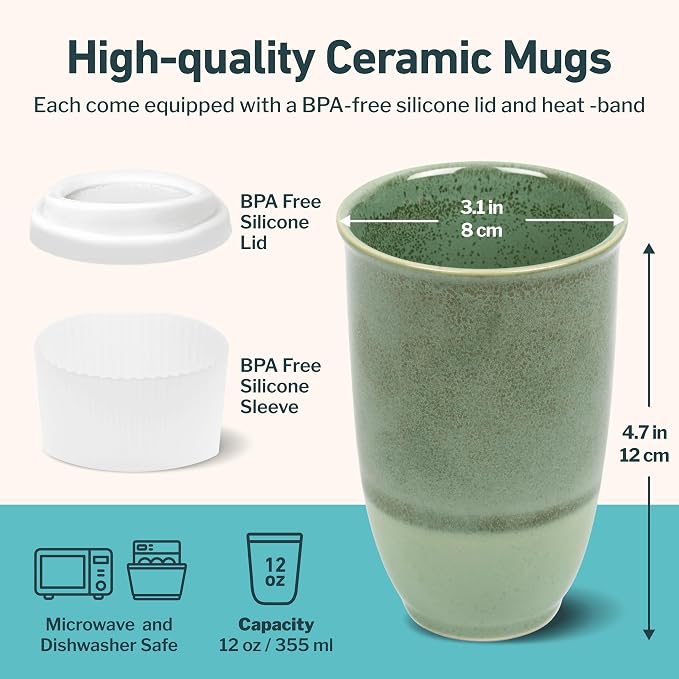 NOVA CERAMICS Travel Mug – Travel Coffee Tumbler – On the Go Coffee Mug – Microwave & Dishwasher Safe Green CoffeeTumbler - Gifts for Women Men Him Her – 12oz – Emerald