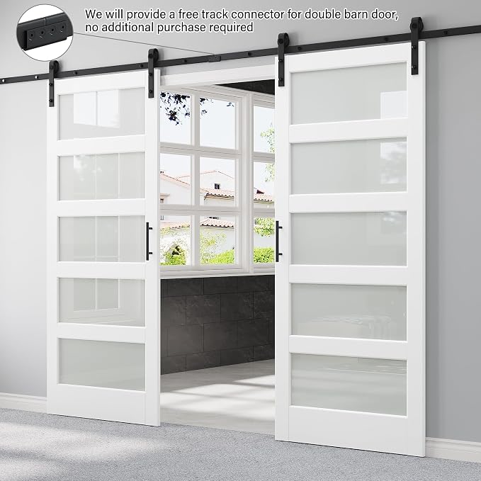 72" x 84" Double Barn Doors and Hardware Kit & 13.2FT Track, Handle, Floor Guide, Paintable & Pre-Drilled Glass Barn Door, Water Resistant Sliding Door for Bathroom Closet, Easy Assembly, Silent Slide