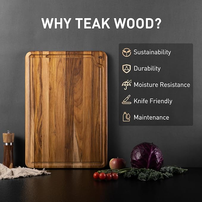 Extra Large Teak Cutting Board 20'' Kitchen Non Slip Wood Butcher Block | Wooden Chopping Board, Heavy Duty, Over Sink, Solid Thick, Meat, Easy to Clean, Extra Large, Best Kitchen Essential Gift