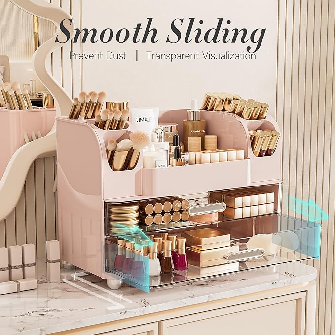 Delamu Large Makeup Organizer Countertop with 6 Brush Holders, Makeup Organizers for Vanity with 2 Large Drawers, Easy to Store Skincare, Lipsticks, Nail Polishes, Perfumes, Eyeshadow Palettes, Pink