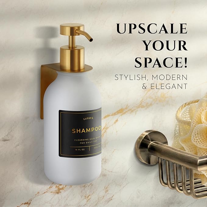 Shower Shampoo Dispenser Wall Mounted – Refillable 16.9 oz White Bottle with Stainless Steel Pump & No-Drill Adhesive Holder – Soap Dispenser for Bathroom (1 X White/Gold)