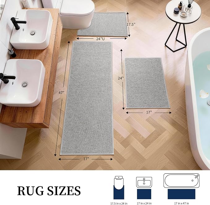 YIHOUSE Gray Bathroom Rugs Sets 3 Piece, Quick Dry Thin Bath Mat with Toilet Rug, Non Slip Absorbent Machine Washable, Bath Runner Rugs for Bathtub Sink Home Decor