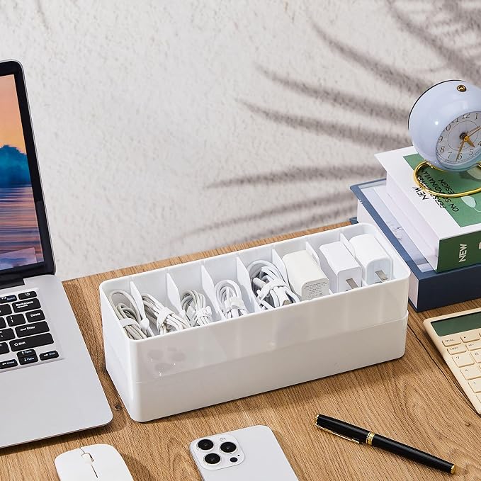 Tatuo 2 Pcs Cable Organizer with 20 Wire Ties, Plastic Cord Storage Charger Electronics Box with Adjustment Compartments for Drawer Home Office Desk Accessories (White)