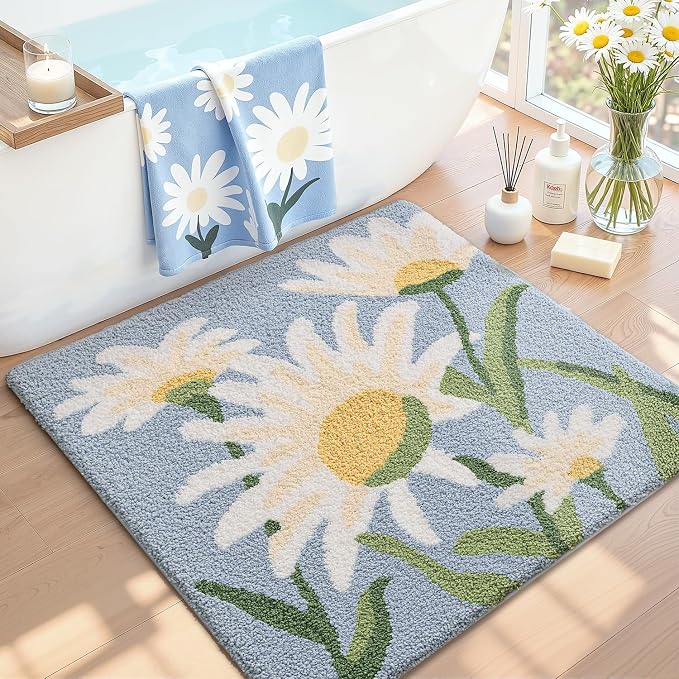 LUMI Bathroom Rugs Cute Daisy, Soft Absorbent Squarer Bath Mat Non-Slip, Machine Washable Quick Dry Blue Luxury Rug Flower for Kids Room, Bathtub, Home Decor, 26"x26"
