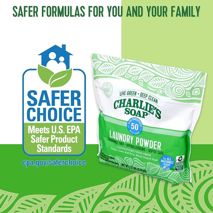 Charlie's Soap Unscented Laundry Powder, 300 Loads | Concentrated Detergent for Standard & HE Washers (Six 50-load Bags, 300 Total Loads)