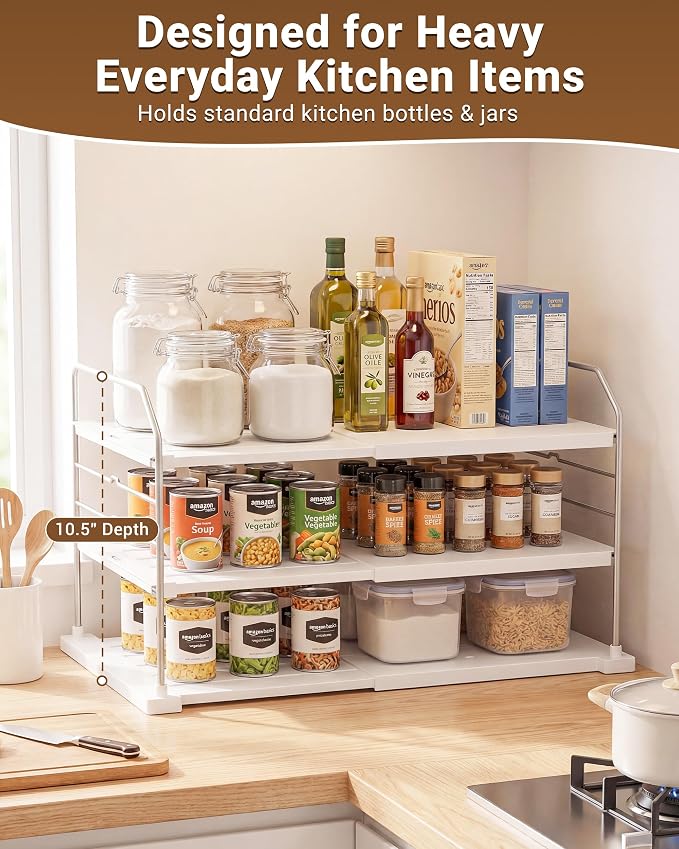 EVERIE Extendable 3-Tier Kitchen Cabinet & Pantry Organizer for Plastic Wrap, Foil & Storage Bags, Adjustable Heavy Duty Shelf Rack for Wrap Boxes, Jars & Snack Boxes (11–16.7 in Wide), Pack of 1