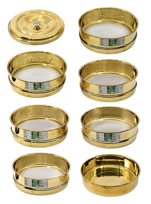 EISCO Set of 6 Test Sieves, 8 Inch - ASTM No. 10, 18, 35, 60, 120 & 230 - Brass Frames with Stainless Steel Wire Mesh - Stackable with Receiving Pan & Top