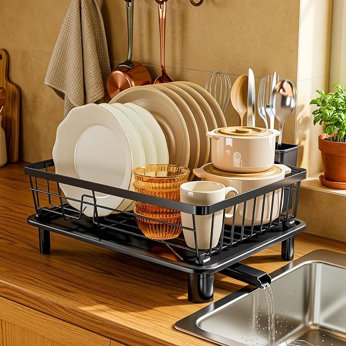 MOUKABAL Dish Drying Rack with Drainboard for Kitchen Counter, Black | 11×15 Large Capacity/Rustproof Stainless Steel/Fast Drainage Dish Drainer/Removable Utensil Holder/Kitchen Counter Organizer