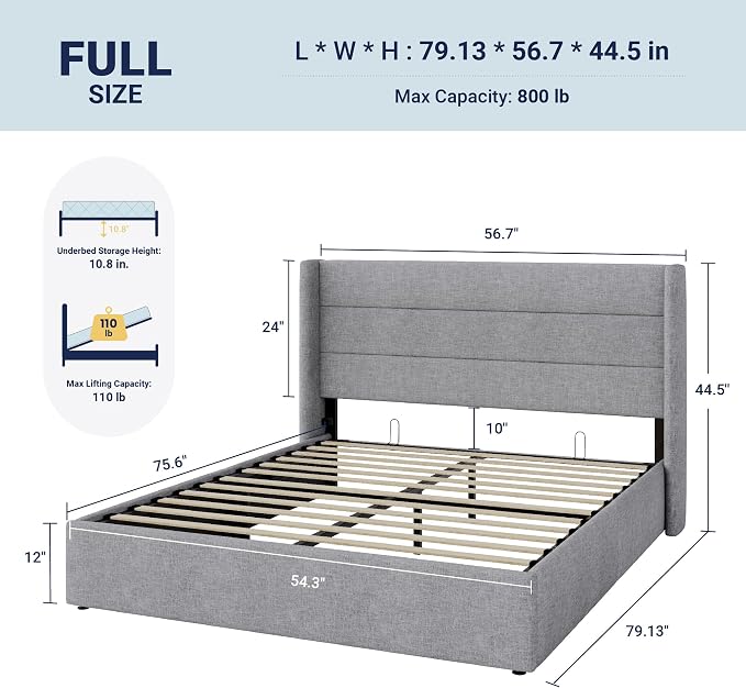 Allewie Full Size Lift Up Hydraulic Storage Bed Frame Light Grey | Modern Wingback Headboard, Hydraulic Support Storage, No Box Spring Needed