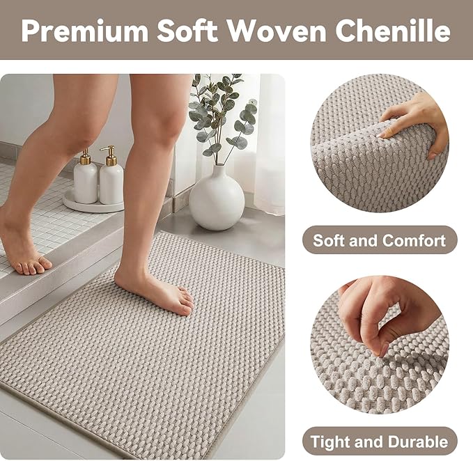 Triohero Bathroom Rugs Non Slip Washable, Super Absorbent Thin Bath Mat Quick Dry Low Pile Bathroom Rug, Beige 24"x47"