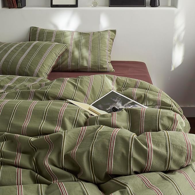 mixinni Vintage Olive Green Striped Duvet Cover Set King, 100% Cotton Yarn-Dyed Jacquard Bedding 3 Pieces, Reversible Design Retro Terracotta Comforter Cover with Zipper & Corner Ties