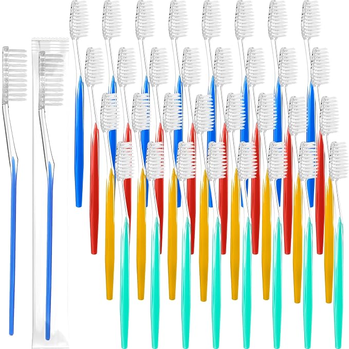 Patelai 100 Pcs Disposable Travel Toothbrush Bulk Individually Wrapped Toothbrush Pack Medium Soft Bristle Manual Disposable Colorful Tooth Brush for Adult Work Travel Hotel Donation (Vivid)