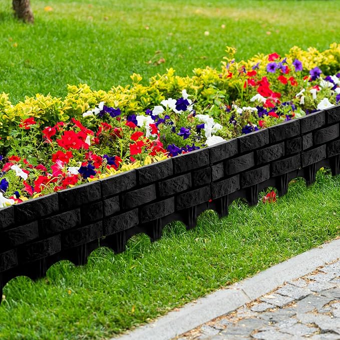 8 Pcs Black Imitation Stone Garden Fence, Faux Stone Retaining Wall Look Garden Bricks Border with Ground Stakes, 17.3 x 12.6 in Plastic Edging Blocks for Flower Beds, Lawn, Mulch