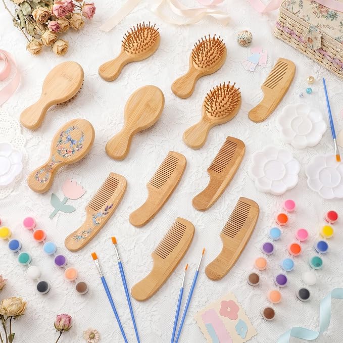 Meanplan 12 Set DIY Wooden Hairbrush Painting Kits Make Your Own Hair Brush Hand-Painted Hairbrush Night Party Supplies with Paint Brush and Palette for DIY Crafts Party Gift