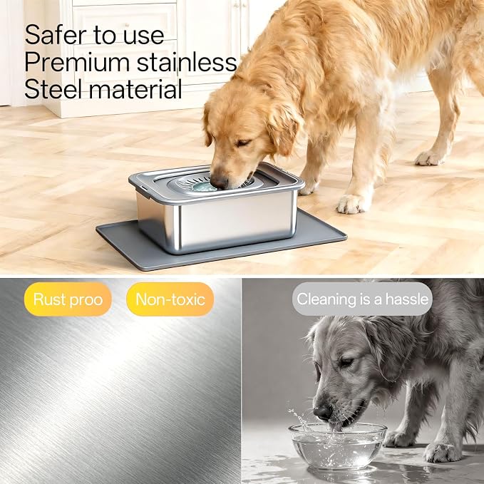 18L/4.75Gal Large Dog Water Bowl No Spill Stainless Steel | Pet Water Bowl for Messy Drinkers, Anti-Slip XXL Silicone Mat, Floating Disk & Dual Filtration