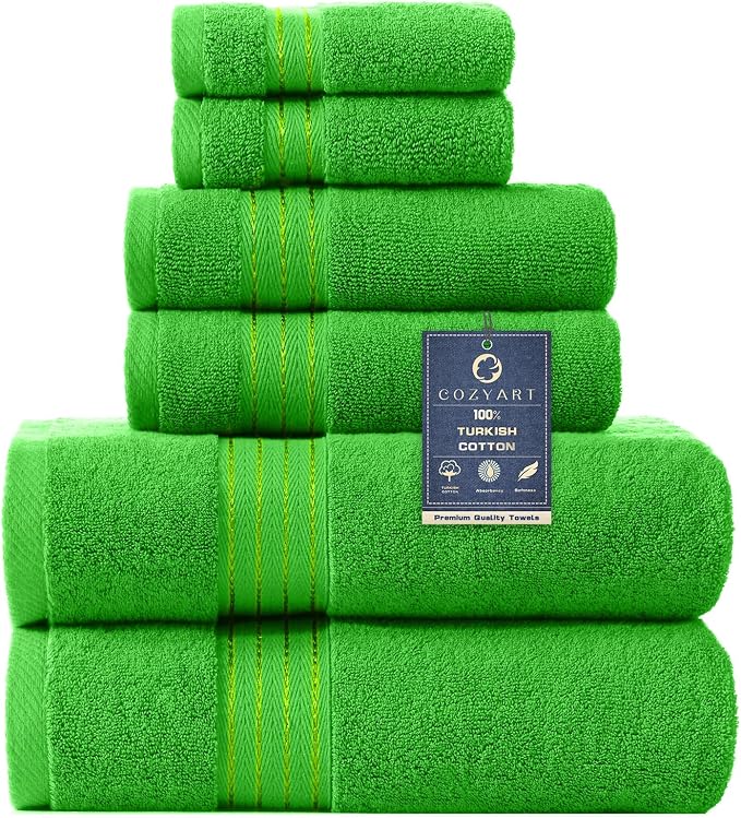 COZYART Luxury Bath Towel Set 6 Pcs Kelly Green 100% Turkish Cotton 650 GSM | OEKO-Tex 100 Certified Zero Twist Ring Spun, Soft Absorbent Quick Dry, Plush Fluffy, Breathable Hotel Quality for Daily Use