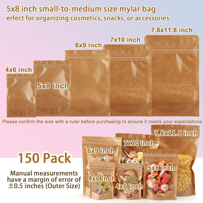 150-Pack Kraft Paper Bags with Clear Window 5x8 Reclosable Small Stand Up Mylar Bags for Food Storage Resealable Smell Proof Pouch, Edible Packaging, Reusable bags for Small Business