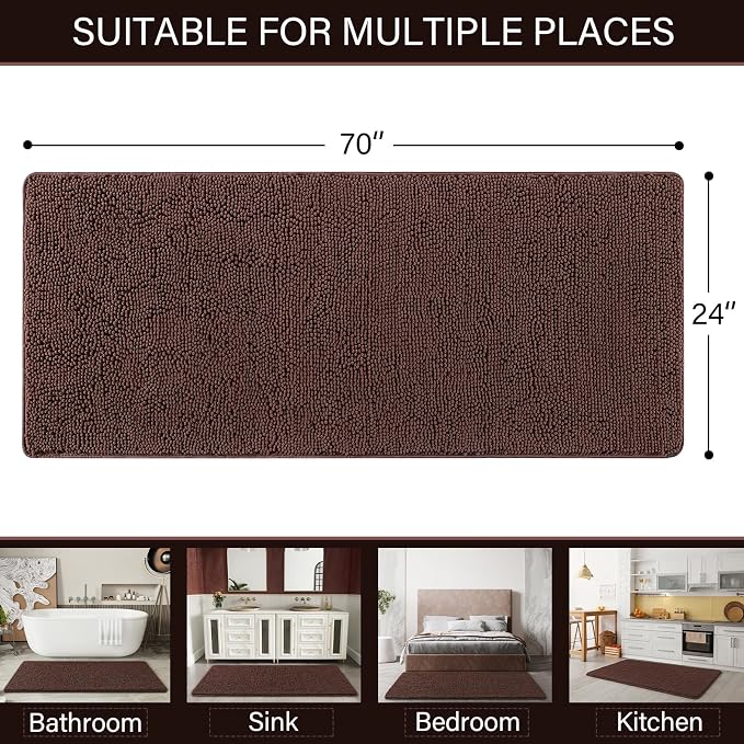 LOCHAS Luxury Bathroom Rug Shaggy Bath Mat 24 x 70 Inch, Brown | Washable Non Slip Bath Rugs for Bathroom Shower, Soft Plush Chenille Absorbent Carpets