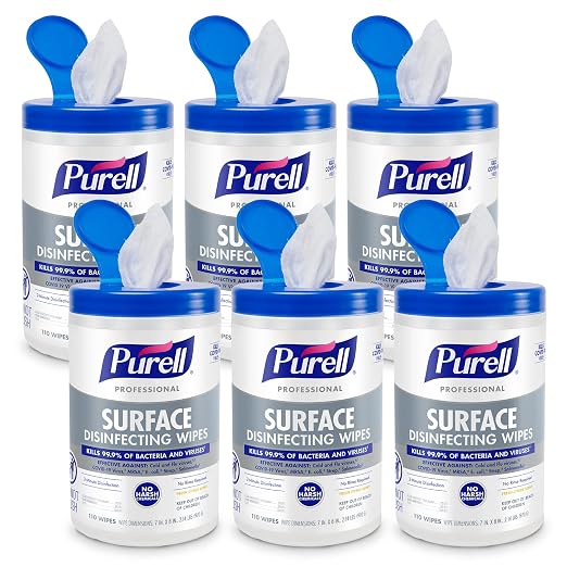 PURELL Professional Surface Disinfecting Wipes, Citrus Scent, 110 Count Canister, 7"x 8" Wipes (Pack of 6) - 9342-06