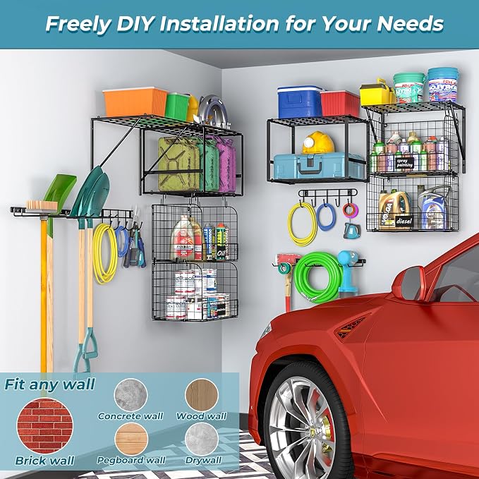ThreeHio Garage Shelf Wall Mounted with Wire baskets, Heavy Duty Garage Wall Shelving with Garden Tool Rack and Hooks, Wire Shelf Baskets Tool Organizer for Home Garden Yard Organization and Storage
