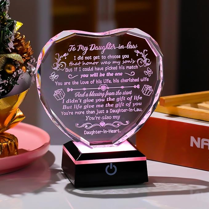 Arikyrist Mothers Day Daughter in Law Gifts Heart Crystal Keepsake with Colorful LED Light Base Daughter in Law Gifts from Mother in Law on Birthday Christmas Wedding Anniversary