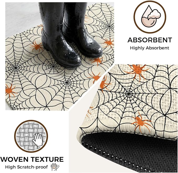Halloween Bathroom Rugs Non Slip Washable Bath Mat Absorbent Low Pile Front Door Mat Orange Black Net Classic Spiders Gingham Indoor Doormat for Kitchen Entryway Shower Decor Accessories 15.7"x23.6"