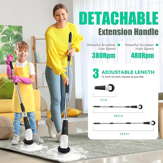 YKYI Electric Spin Scrubber, Cordless Power Scrubber Cleaning Tool with 8 Replaceable Heads and Extension Handle for Bathroom, Tub, Tile, Floor, Grout and Car (White)