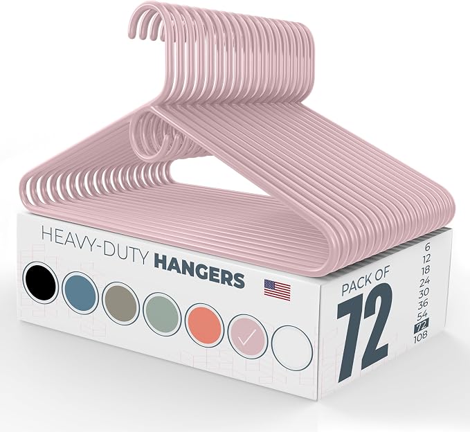 Heavy Duty Clothes Hangers 50+ Pack (72 Count) – Made in the USA – 8lb Capacity Plastic Hangers for Adult Clothing – Durable for Pants, Coats, Jackets, or Jeans – Pink