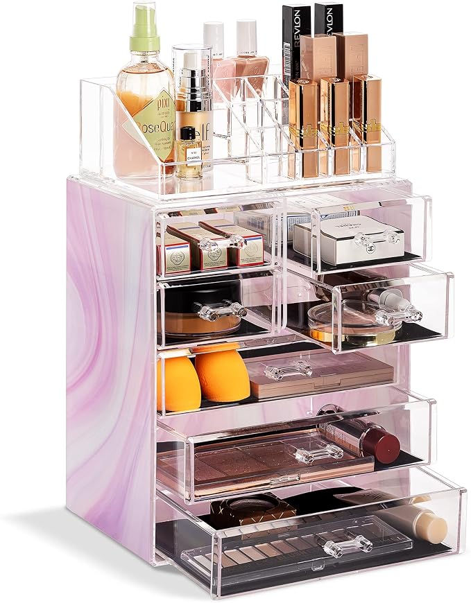 Sorbus Acrylic Makeup Organizer Set, 7-Drawer Vanity & Countertop Cosmetic Storage with Small & Wide Compartments, Tie Dye Makeup Storage for Brushes, Jewelry – Holiday Gift for Women & Teens