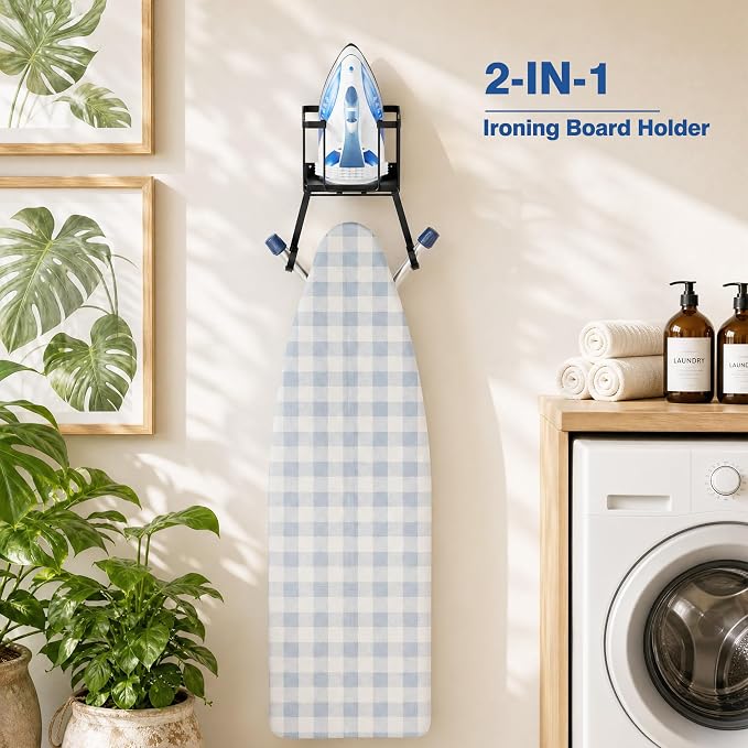 ORLESS Ironing Board Hanger Over Door & Wall Mount, Black | 2 in 1 Heavy Duty Iron Board Holder with Storage Basket, Fits T/Y Boards, Laundry Room Space Saver